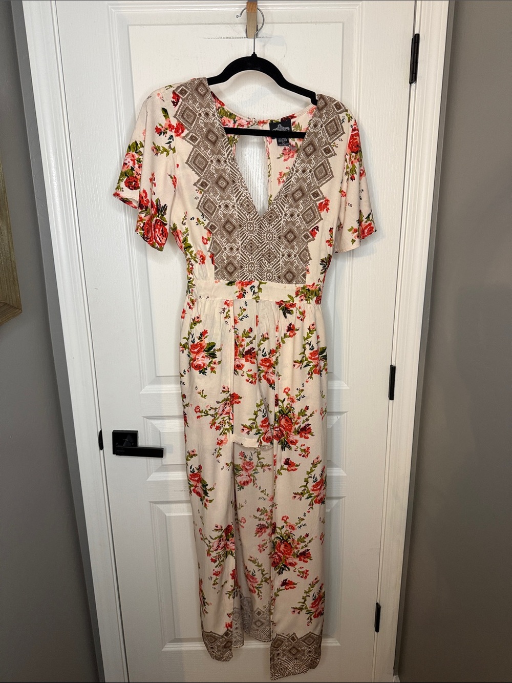 Angie Cream Floral V-Neck Wide-Leg Jumpsuit with Pink & Green Print